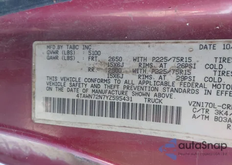 2000 Toyota Tacoma Base V6 z USA, uszkodzony, nr VIN 4TAWN72N7YZ595431